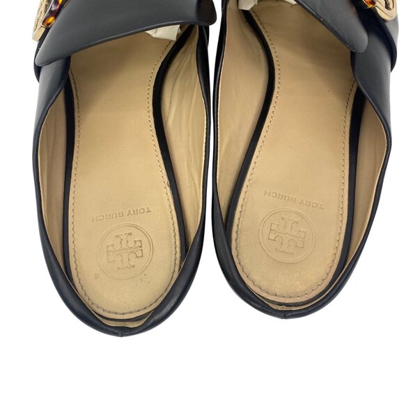 Tory Burch Sidney backless loafers black leather gold-tone heel/logo buckle sz10 - Picture 9 of 14